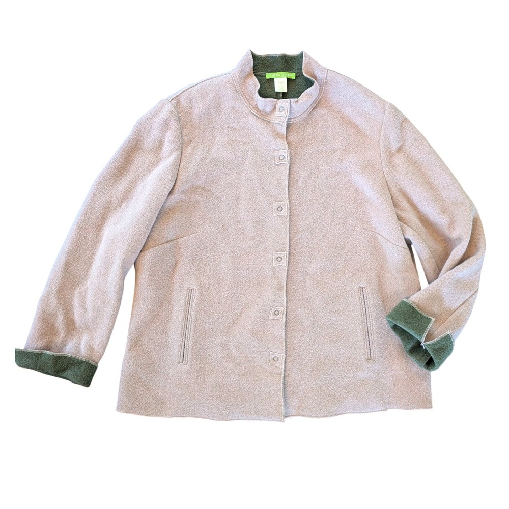 Sigrid Olsen Womens 1X Boiled Wool Blend Jacket Pink Green Snap Mock Neck Coat